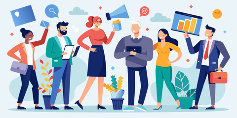 Business people in various actions. Men and women work, communicate, gesticulate
