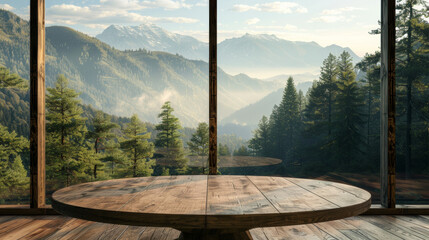 Close up of a round wooden table near a window overlooking the mountains and forest. Home interrior.