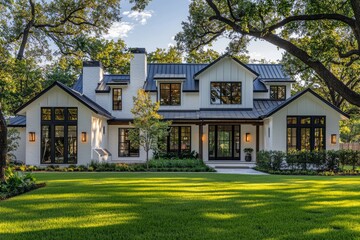 Obraz premium A modern farmhouse-style home in Texas, with a white exterior, black roof, and windows