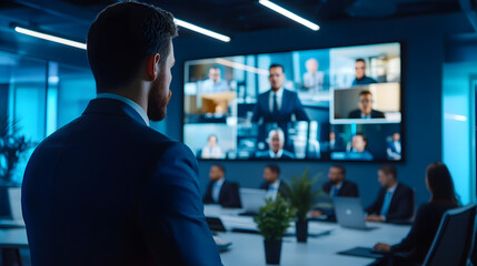 Diverse group of professionals in a modern office engaged in a video conference, with a large screen displaying remote participants