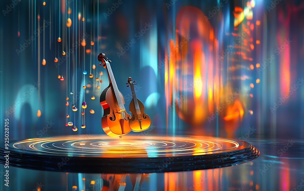 Poster 3D Abstract Stage with Floating Glowing Musical Instruments and Vortex of Sound Waves