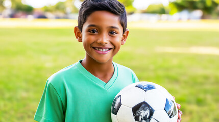Young Hispanic boy holding soccer ball, standing in outdoor field ready to play, children's sports concept, copy space