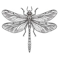 Elaborate Monochrome Linear Drawing of Exquisite Dragonfly Artwork with Intricate Patterns, Geometric and Organic Motifs Crafted to Create Illusion of Depth and Textural Complexity. Adult Coloring 