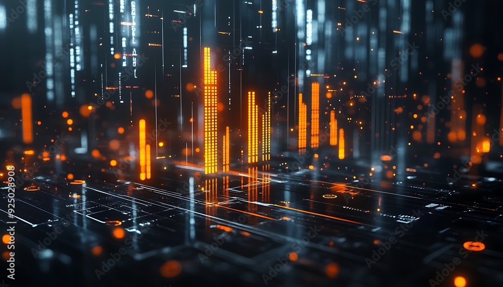 Aufkleber 3D Digital Equalizer Visualization with Floating Light Particles and Futuristic Circuitry