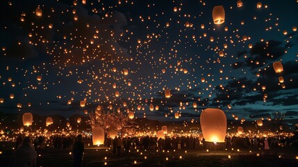 Naklejka premium Floating Lanterns at Night: A night sky filled with floating lanterns, their warm glow creating a magical and celebratory atmosphere perfect for festivals and special events.
