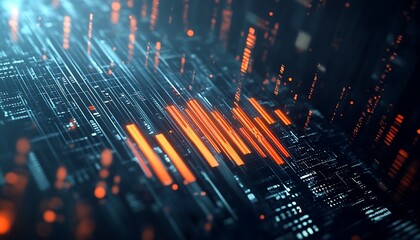 Obraz premium 3D Digital Equalizer Visualization with Floating Light Particles and Futuristic Circuitry