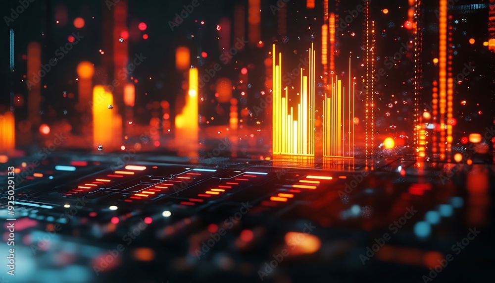 Poster 3D Digital Equalizer Visualization with Floating Light Particles and Futuristic Circuitry