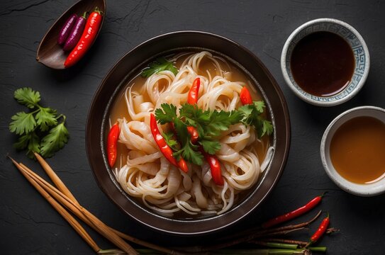 a bowl of suki that is ready to be boiled with sauce and served for you top view with dark background