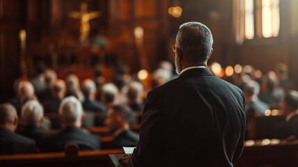 Solemn Church Gathering with Man in Suit