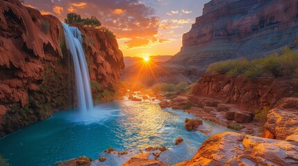 Fototapeta premium Majestic Waterfall at Sunset: A powerful waterfall plunging into a serene pool, with the surrounding cliffs bathed in the warm light of the setting sun, creating a breathtaking natural scene. 