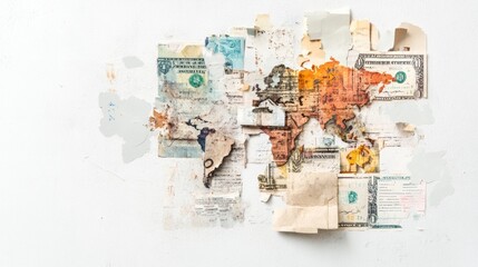 Obraz premium Global Financial Disparities: Collage of Various Currencies and Faded Policy Documents