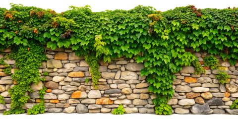 Stone wall covered in vines, on white background.AI GENERATED