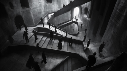 Surreal Staircase with Shadowy Figures