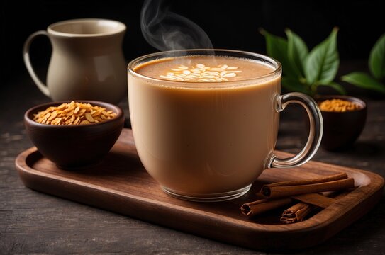 Cloud floating above white ceramic cup of aromatic drink representing concept of thoughts during coffee break on blue background