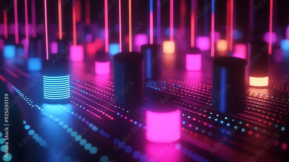 Poster 3D Rotating Speakers Emitting Sound Waves with Colorful Lights in Minimalist Dark Background