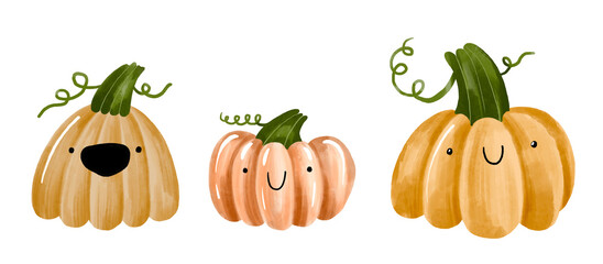 Set of funny pumpkins. Halloween holiday. Hand drawn illustration on isolated background