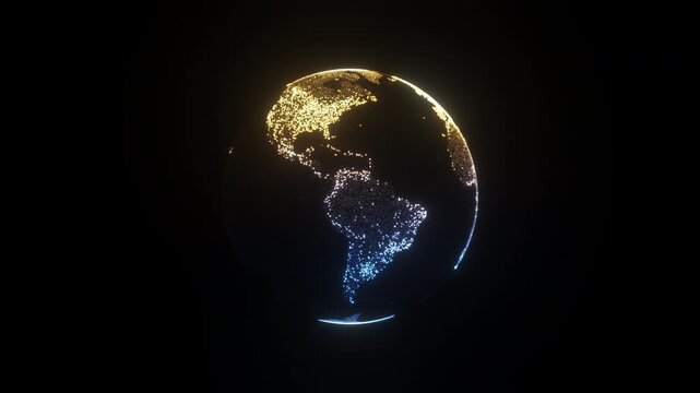 Animation of spinning half blue and half golden globe of the Earth planet from glowing particulars on dark background, 4K loop animation