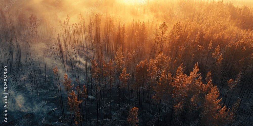 Wall mural Aerial perspective of a charred pine forest scorched trees following a wildfire Environmental catastrophe