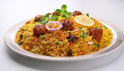 A colorful biryani on a white plate