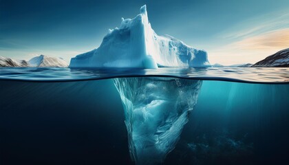 Iceberg with above and underwater view taken in greenland. iceberg - hidden danger and global warming concept. iceberg illusion creative idea, generat ai