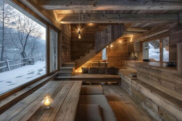 Fototapeta premium Cozy chalet interior featuring reclaimed wood, glowing with warm light on a cold winter day