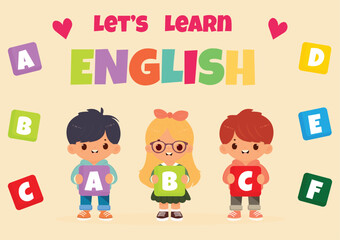 lets learn english text with children holding letters flat design