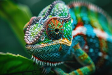 Chameleon posing on a branch with green leaves background