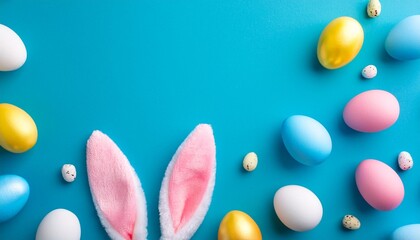 Easter party concept. Top view photo of easter bunny ears white pink blue and yellow eggs on isolated pastel blue background with copyspace in the middle