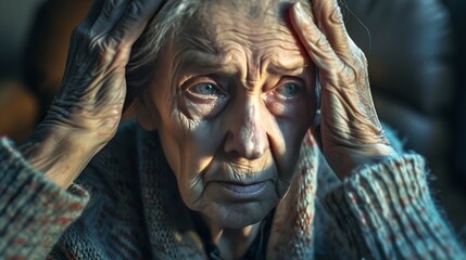 Mature depressed woman with mental illness holding head in hands 