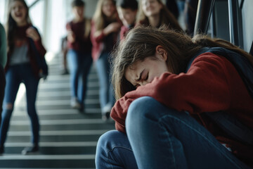 Teenage girl is bullied and feeling sad and lonely on school stairs while other students are laughing in the background