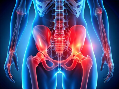 3D medical x-ray illustration of a human pelvis with pelvic pain. Highlight the painful areas in red to indicate discomfort. The image should show detailed anatomy of the pelvic region, with clear emp