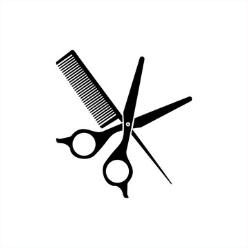 recommend clip art: Scissors and hairbrush graphic icon. Crossed scissors and hair comb sign isolated on white background. Barbershop symbol. Modern vector illustration.