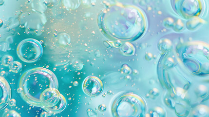 Aroma Serum with Gel Fluid, Defocused Blue, White, and Green Neon Color, Natural Blossom Glitter Texture, Mixed Stripe Oil Bubble Circle Abstract Background