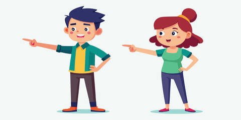 Set of male and female characters pointing their finger somewhere or showing something
