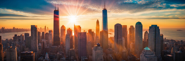 Naklejka premium Golden sunlight casts warm glow over towering skyscrapers in city at sunset