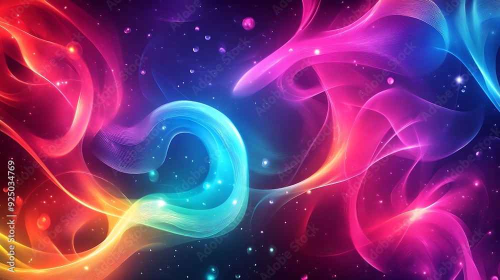 Poster vibrant abstract background with swirling neon ribbons of light and soft gradients