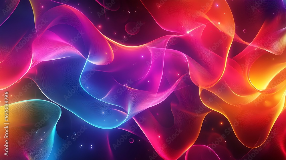 Poster vibrant abstract background with swirling neon ribbons of light and soft gradients