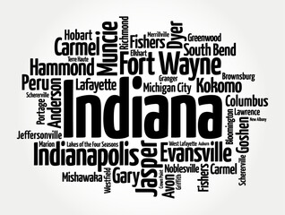Obraz premium List of cities in Indiana - the U.S. state located in the Midwestern and Great Lakes regions of North America, word cloud concept background