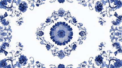 Minimalist poster design in ultra-high resolution, featuring a seamless traditional Chinese blue and white porcelain pattern with reserved text space