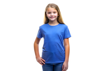 Fototapeta premium T-Shirt Mockup of Girl Wearing Heather Royal T-Shirt Isolated on White Background