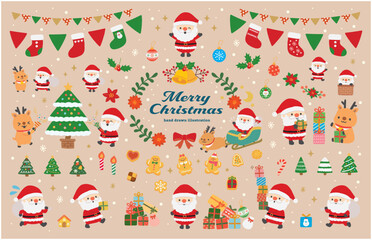 サンタとトナカイのクリスマスイラストセット（ベージュ）