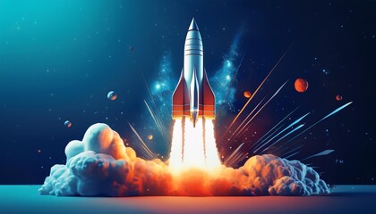 Fototapeta premium Illustration of a rocket launching into space with a blue background. Concept of innovation, exploration, and future technology.
