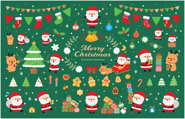 サンタとトナカイのクリスマスイラストセット（グリーン）