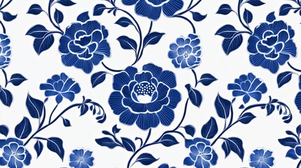 High-resolution minimalist marketing poster featuring a seamless traditional Chinese blue and white porcelain pattern, with reserved text space
