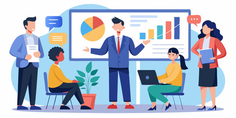 Business report at a meeting of company employees. Presentation of the project, the speaker presents infographics
