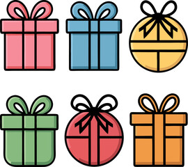 Vector illustration featuring six gift boxes in a simple, cartoonish style.