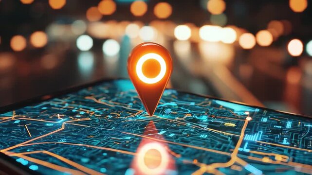 A smartphone screen shows a detailed map with a glowing location marker, illuminated by city lights in the background.