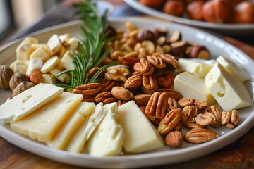 Cheese plate is being prepared with sliced cheese, pecans, walnuts, almonds and a sprig of rosemary for decoration