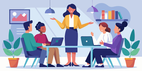 Woman speaker makes a report to company employees at a business meeting
