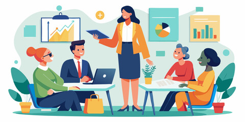 Woman speaker makes a report to company employees at a business meeting
